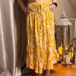 Yellow floral button up Boho smocked-waist midaxi skirt by RACHEL ZOE